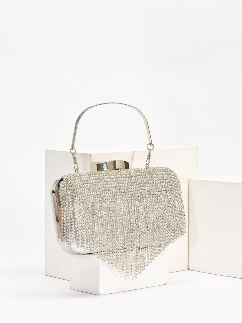 Rhinestone Fringe Decor Top Handle Box Bag