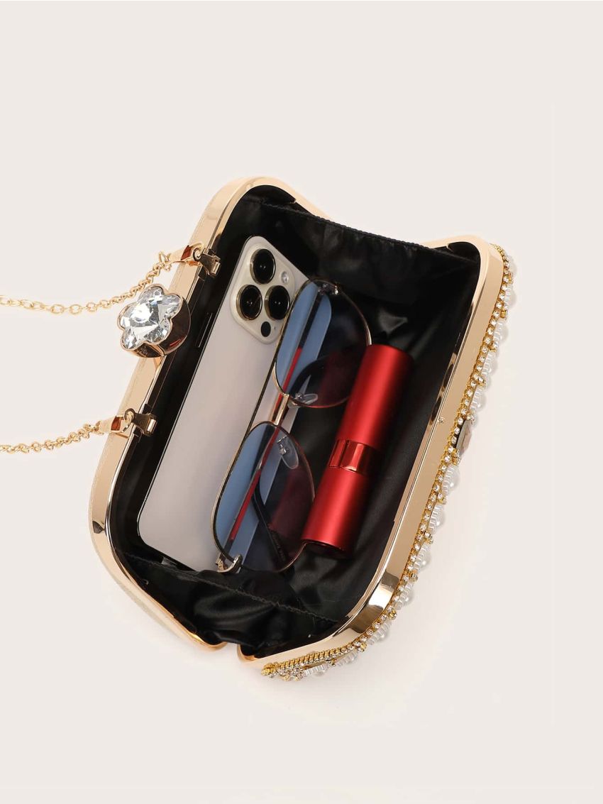 Mini Rhinestone & Faux Pearl & Fringe Decor Box Bag
