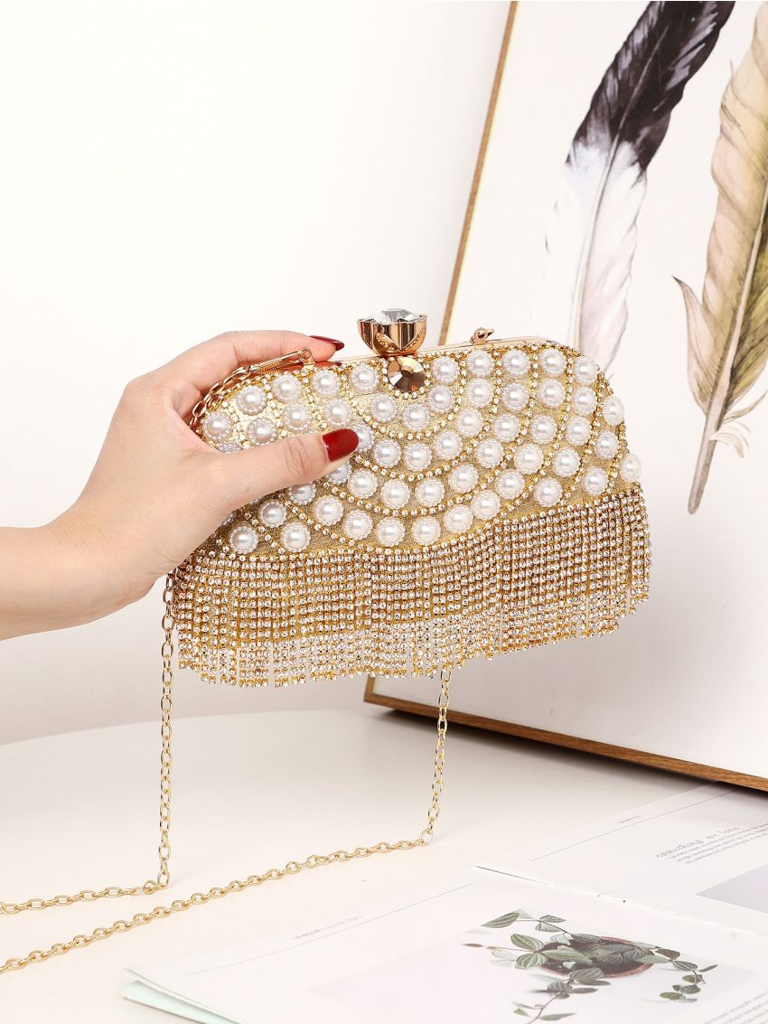 Mini Rhinestone & Faux Pearl & Fringe Decor Box Bag