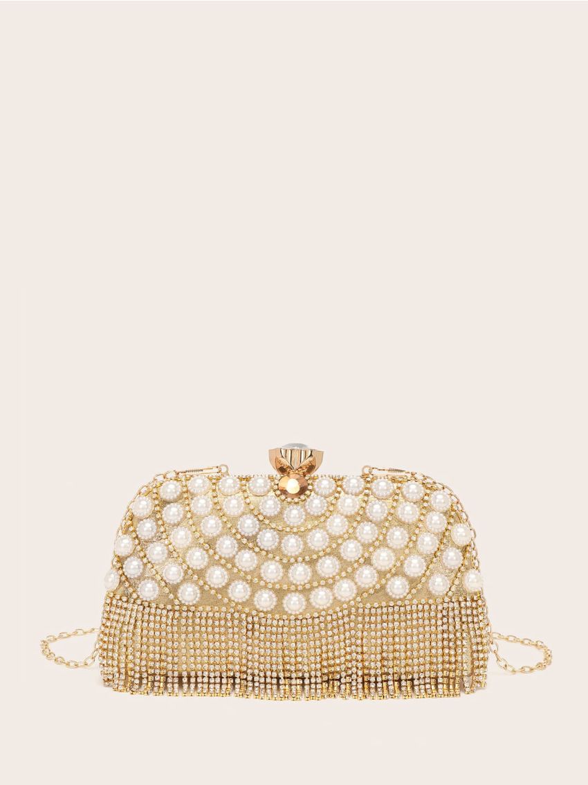 Mini Rhinestone & Faux Pearl & Fringe Decor Box Bag