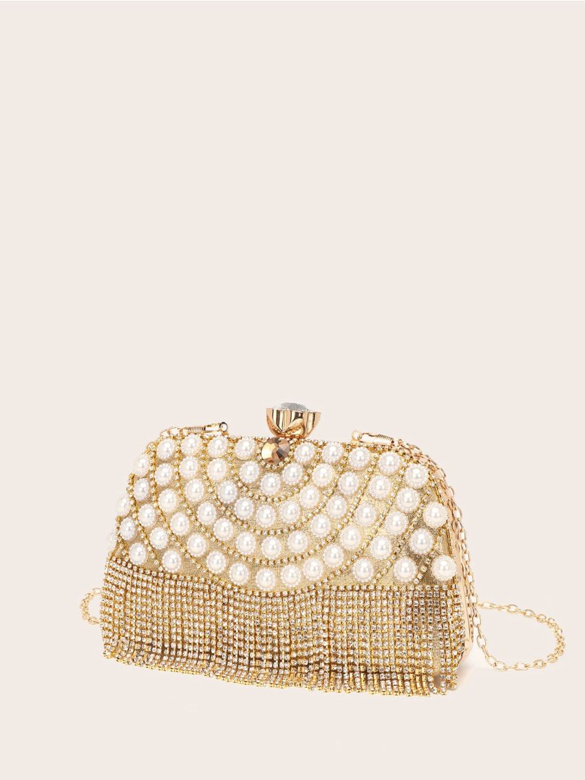 Mini Rhinestone & Faux Pearl & Fringe Decor Box Bag