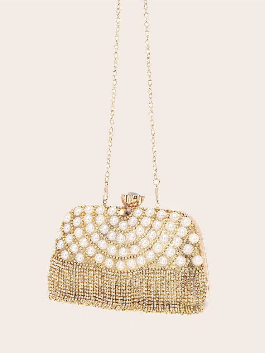 Mini Rhinestone & Faux Pearl & Fringe Decor Box Bag
