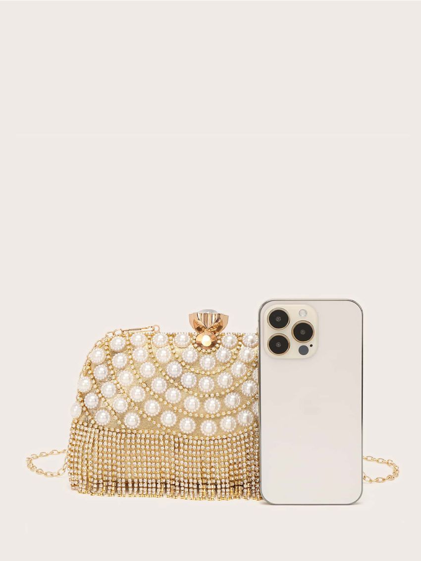 Mini Rhinestone & Faux Pearl & Fringe Decor Box Bag