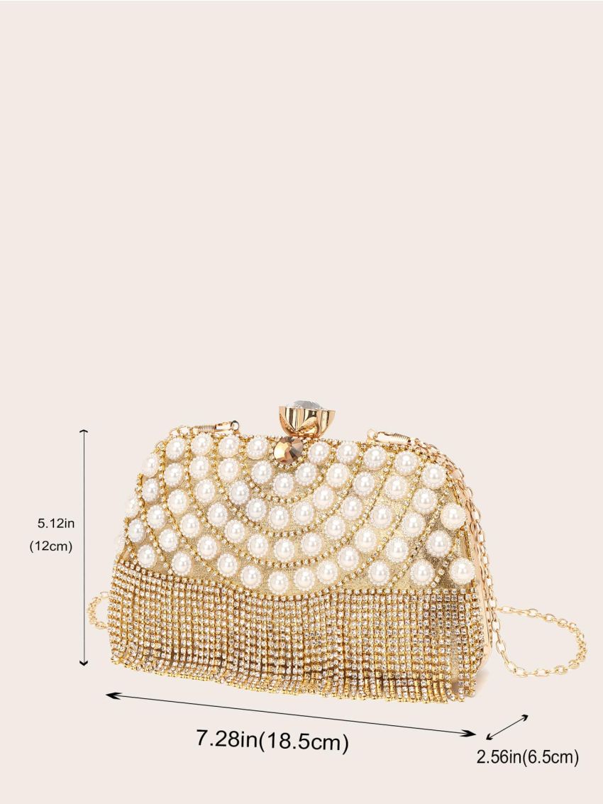 Mini Rhinestone & Faux Pearl & Fringe Decor Box Bag