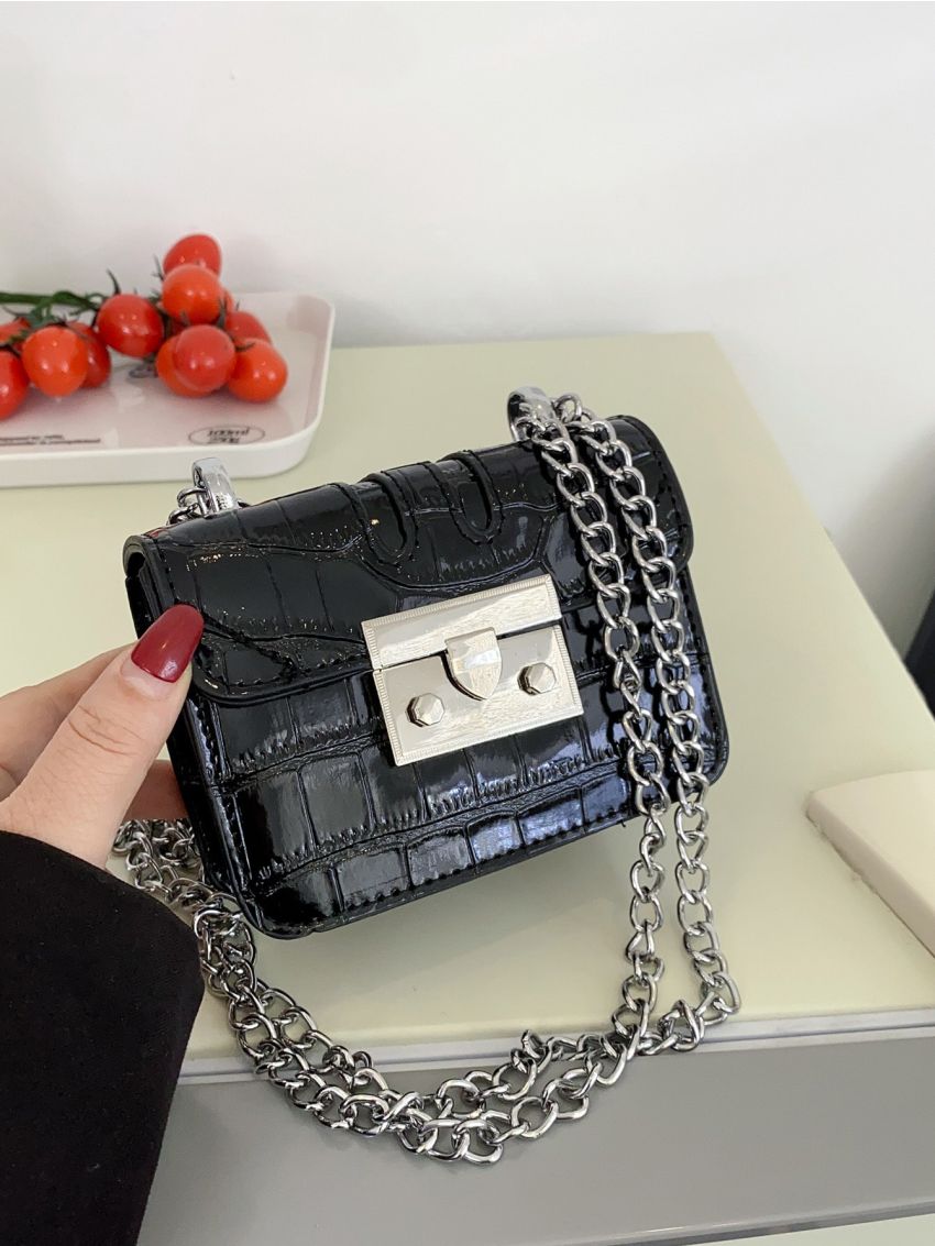 Mini Crocodile Embossed Chain Flap Square Bag