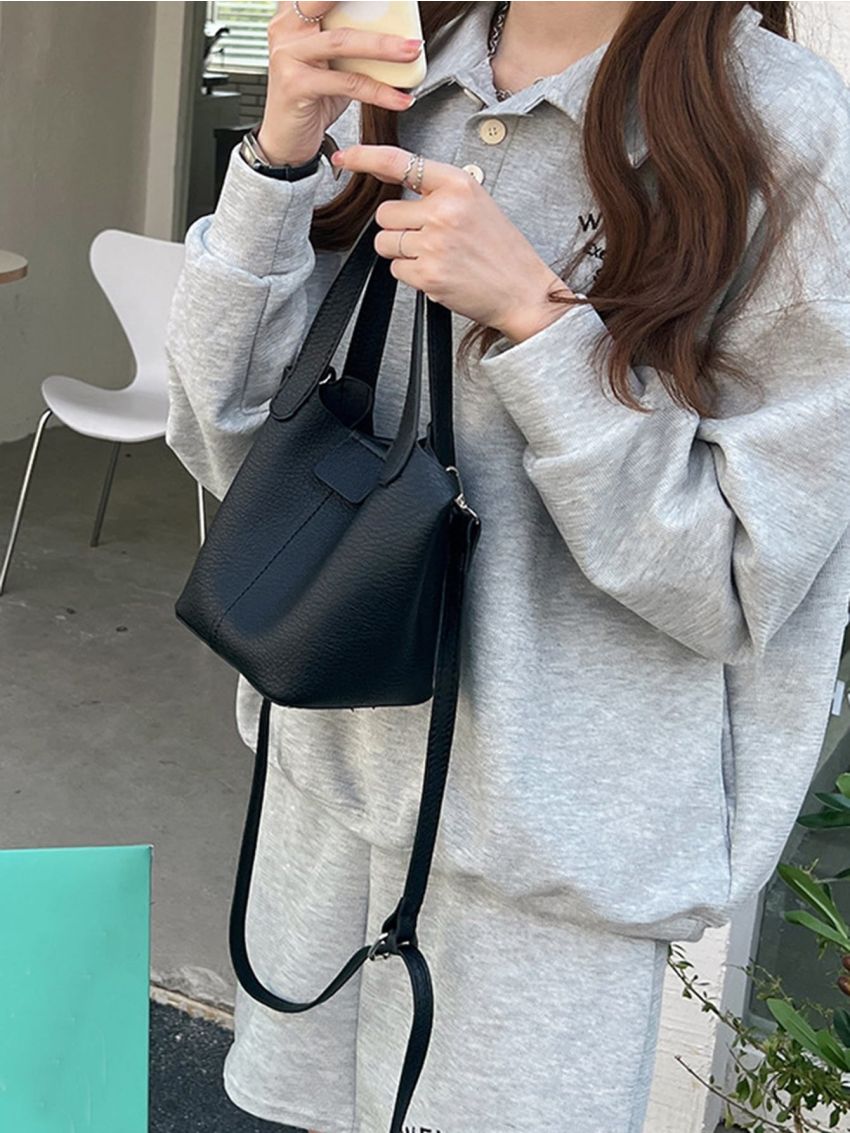 Textured Bucket Bag With Inner Pouch