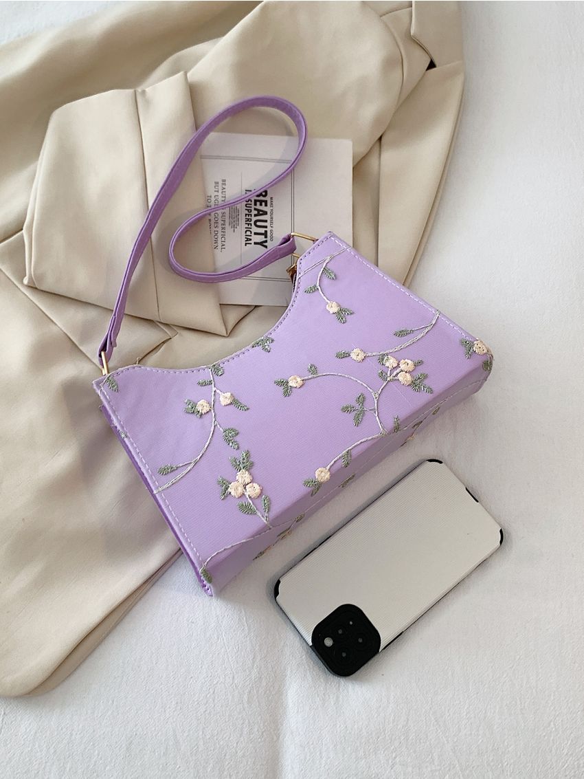 Floral Embroidered Baguette Bag