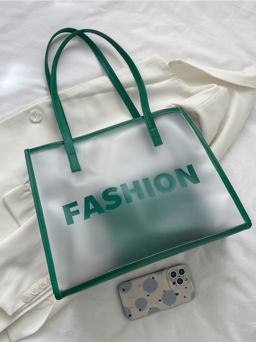 Letter Graphic Contrast Binding Transparent Shoulder Tote Bag With Square Bag