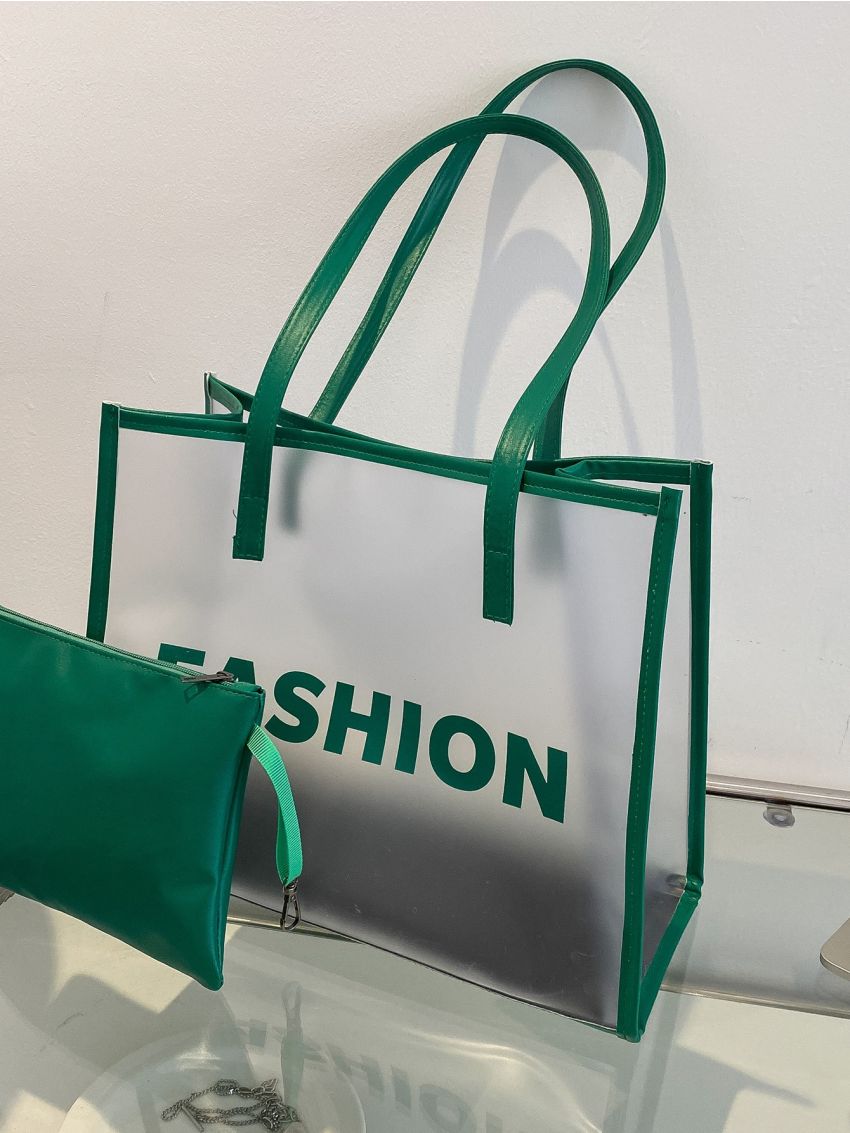 Letter Graphic Contrast Binding Transparent Shoulder Tote Bag With Square Bag