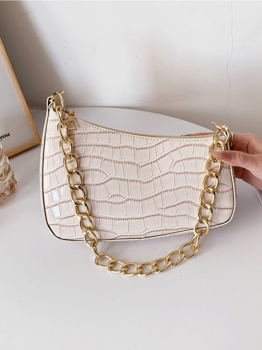 Crocodile Embossed Chain Baguette Bag