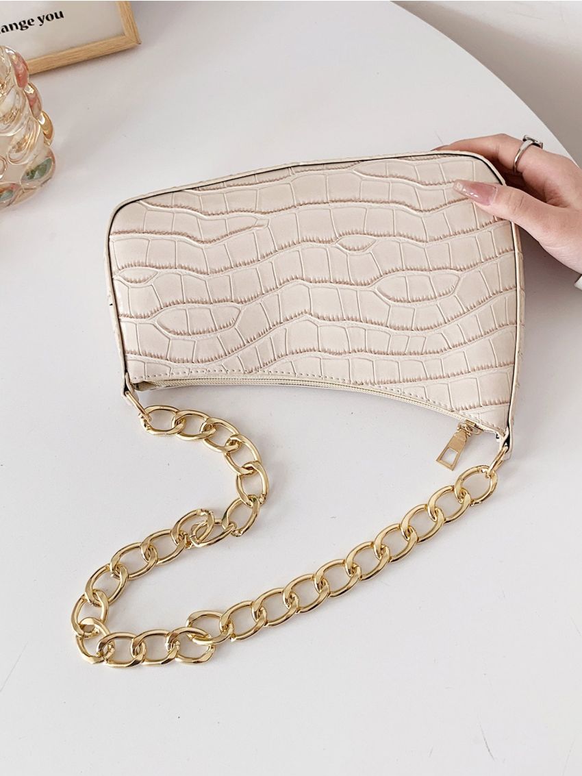 Crocodile Embossed Chain Baguette Bag