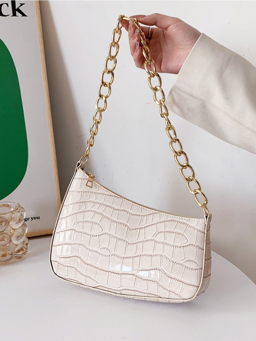 Crocodile Embossed Chain Baguette Bag