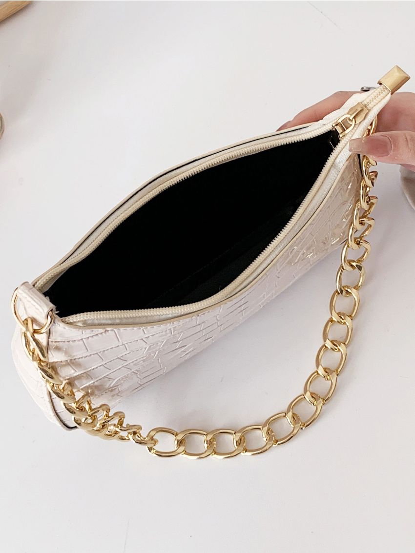 Crocodile Embossed Chain Baguette Bag