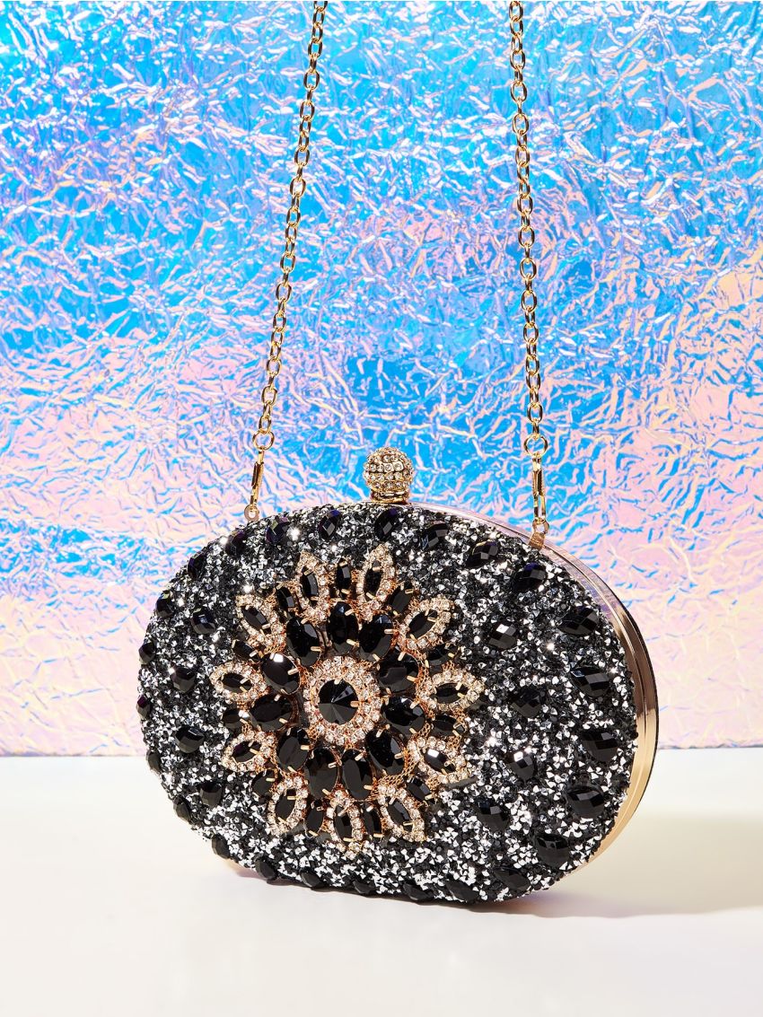 Mini Allover Rhinestone Decor Chain Box Bag