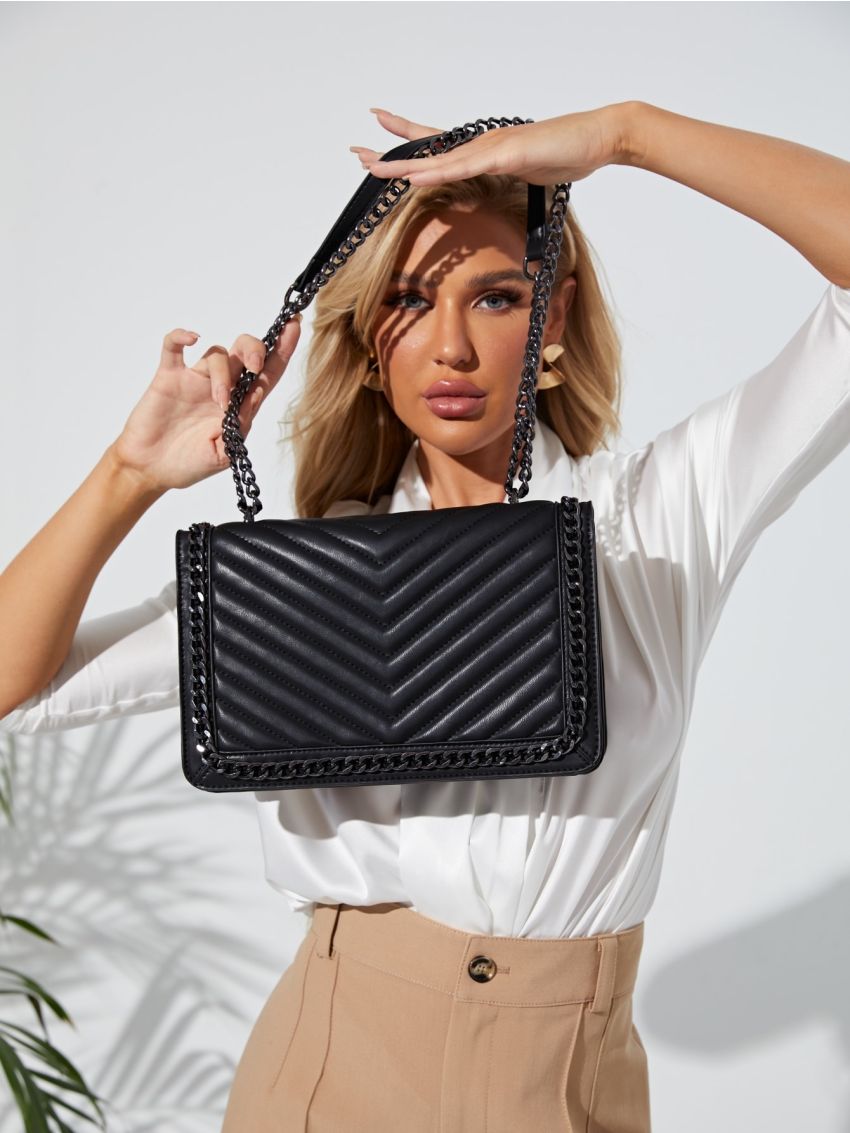 Chevron Detail Flap Chain Square Bag