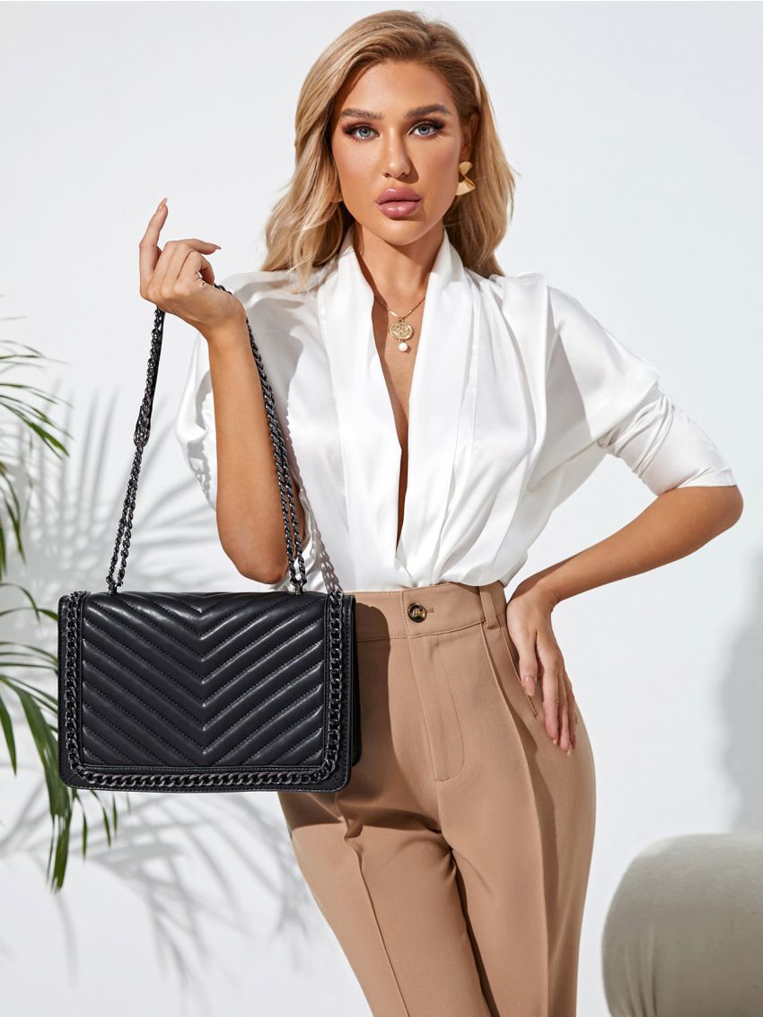 Chevron Detail Flap Chain Square Bag