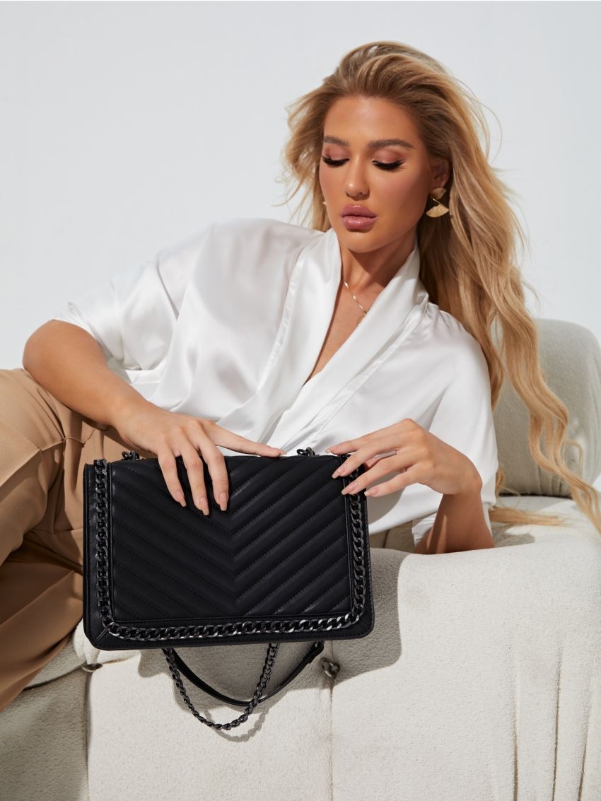 Chevron Detail Flap Chain Square Bag