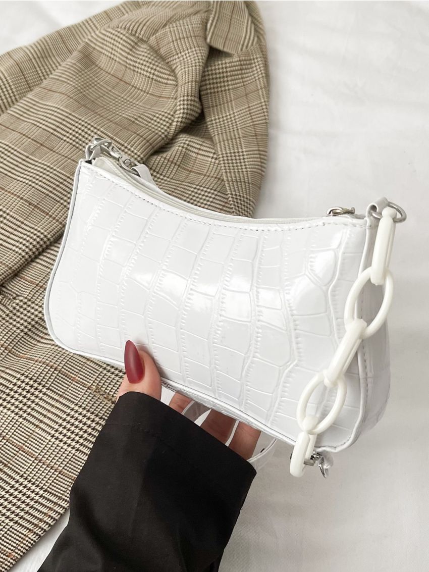 Crocodile Embossed Chain Decor Baguette Bag