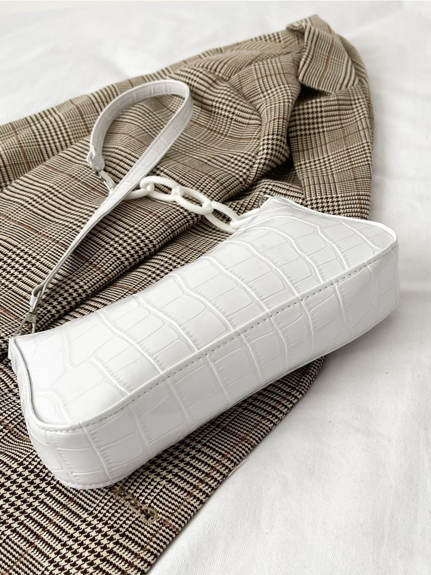 Crocodile Embossed Chain Decor Baguette Bag