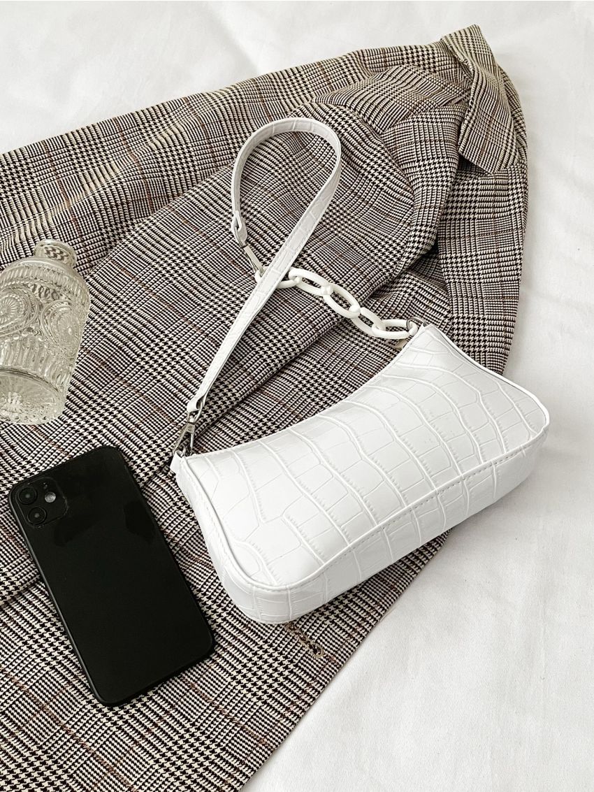 Crocodile Embossed Chain Decor Baguette Bag