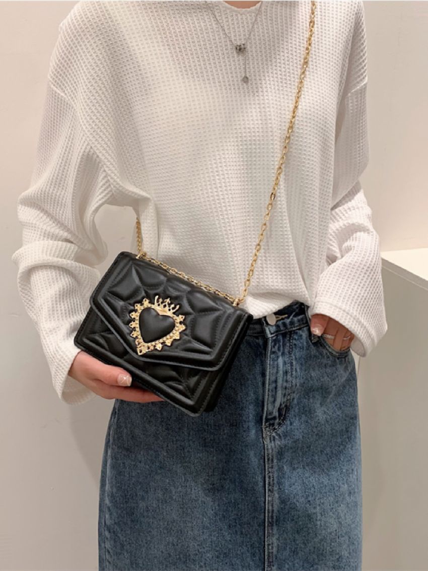 Mini Quilted Pattern Chain Heart Design Square Bag