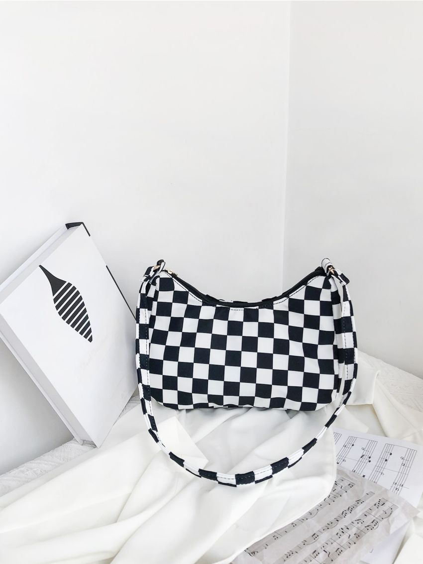Two Tone Checkered Pattern Baguette Bag