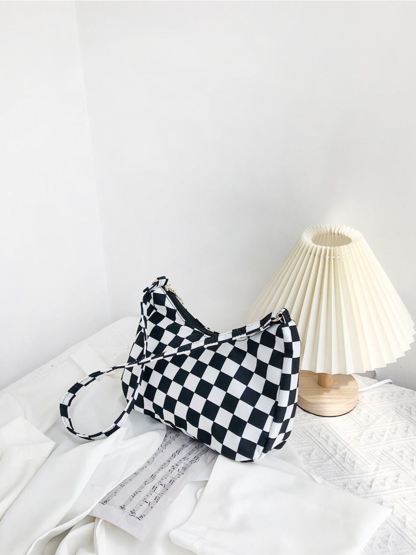 Two Tone Checkered Pattern Baguette Bag