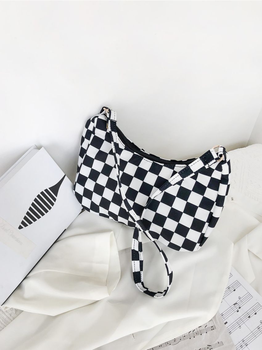 Two Tone Checkered Pattern Baguette Bag