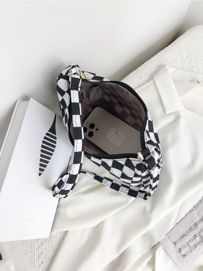 Two Tone Checkered Pattern Baguette Bag