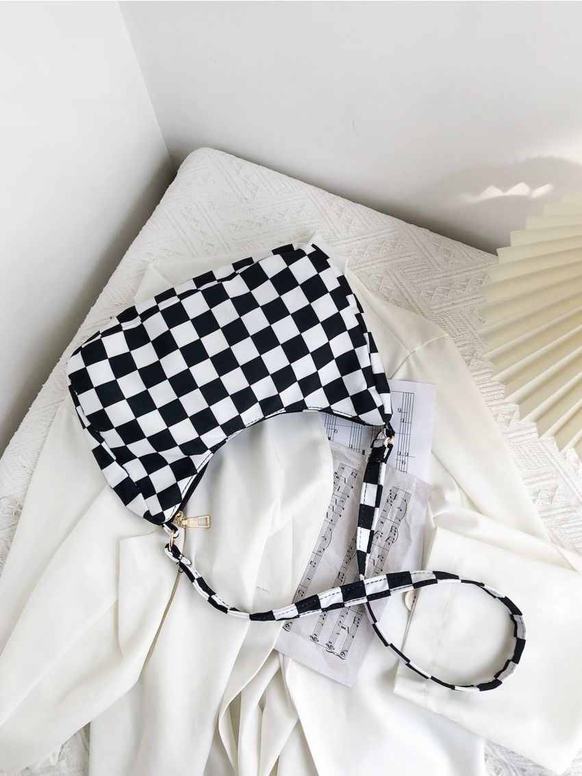 Two Tone Checkered Pattern Baguette Bag