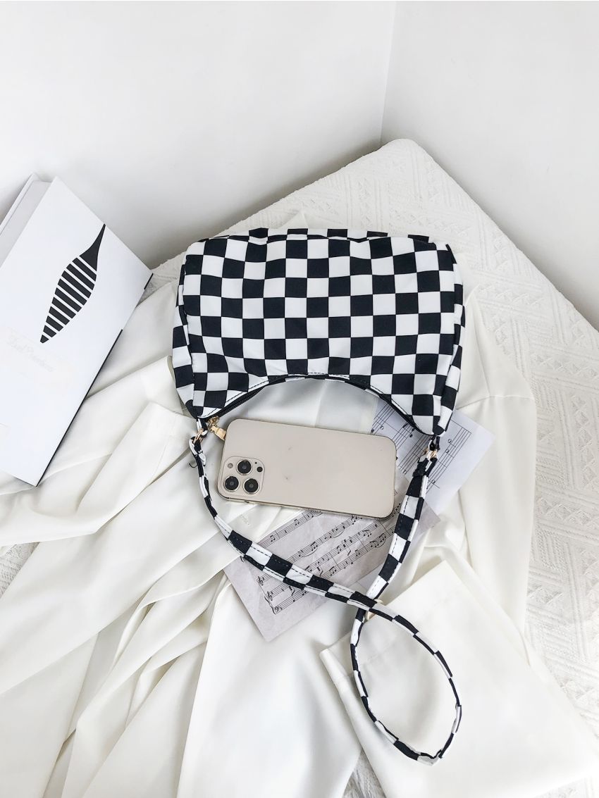 Two Tone Checkered Pattern Baguette Bag