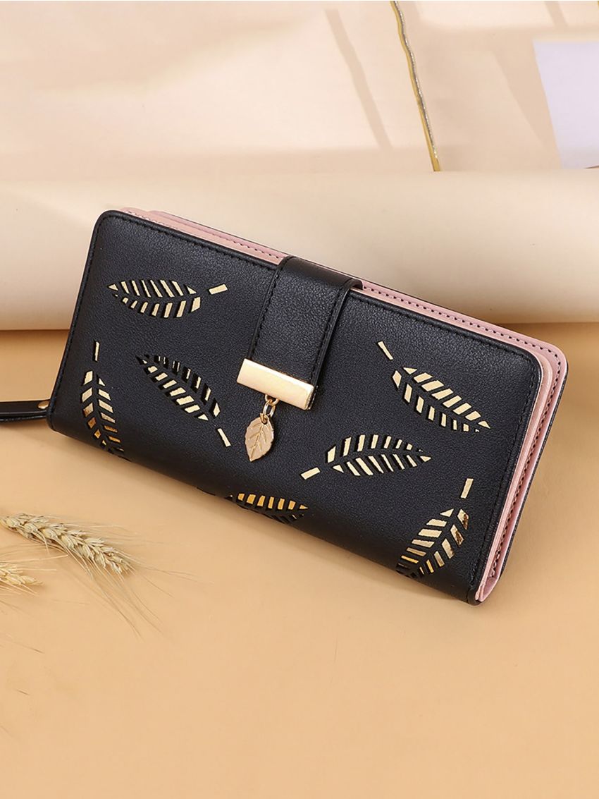 Metal Decor Leaf Graphic Long Wallet