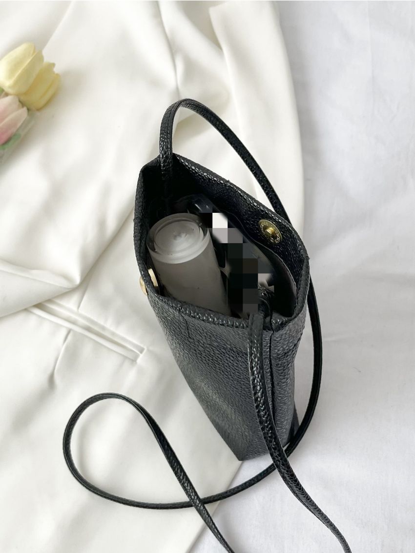 Mini Granule Embossed Snap Button Detail Bucket Bag