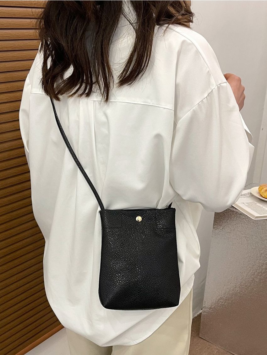 Mini Granule Embossed Snap Button Detail Bucket Bag