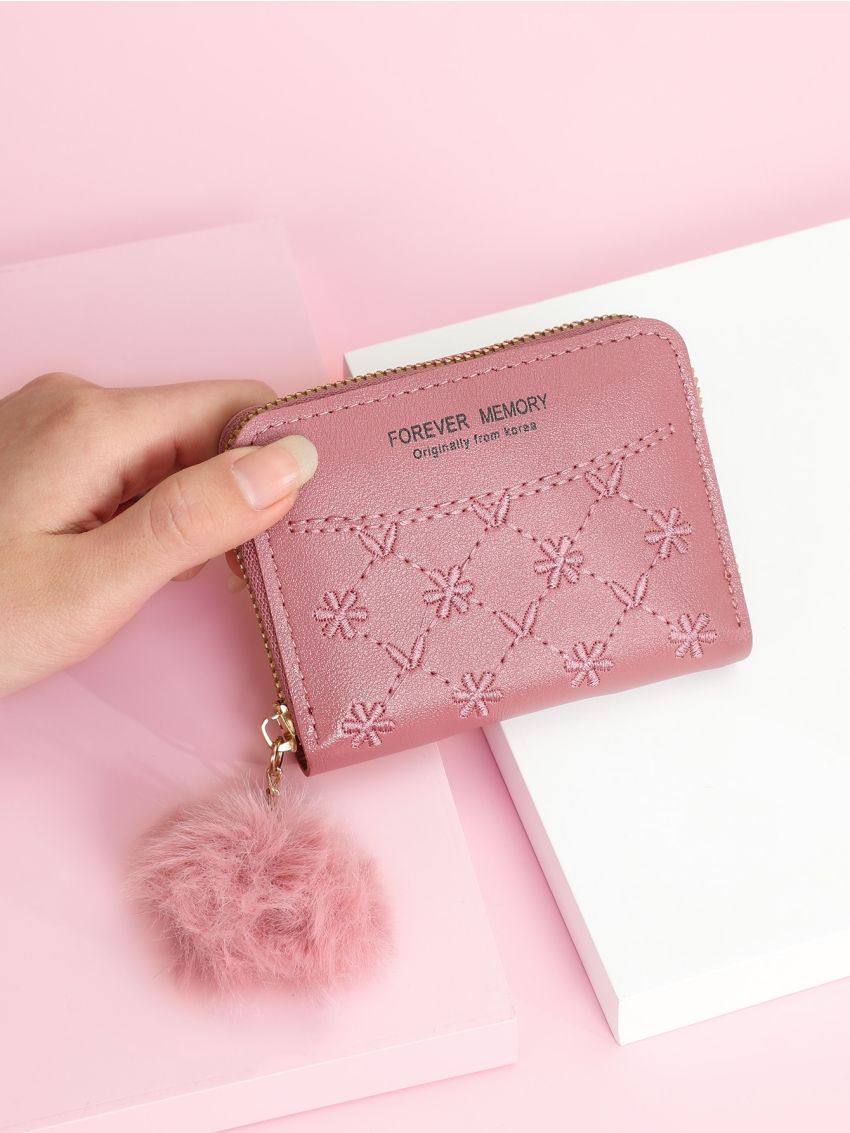 Pom Pom Charm Letter Graphic Small Wallet