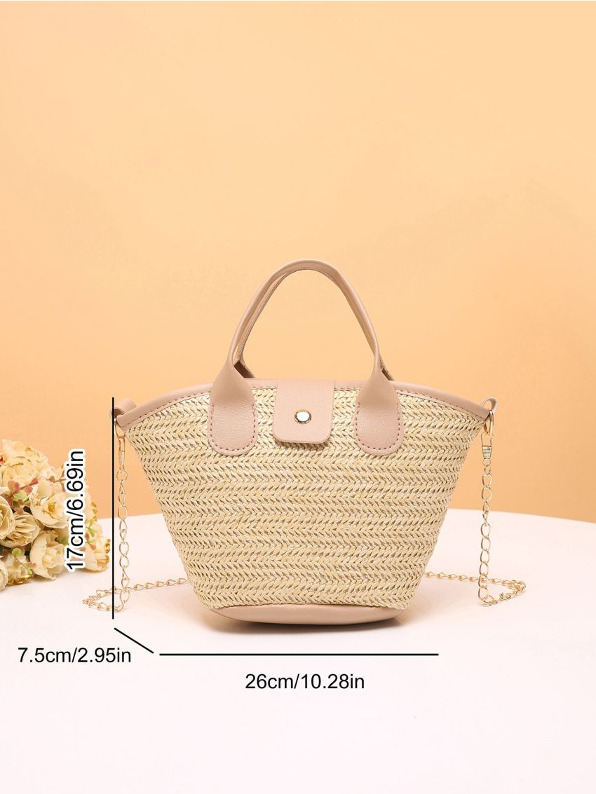 Snap Button Design Chain Straw Bag