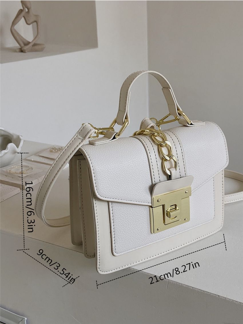 Litchi Embossed Chain Decor Twist Lock Flap Square Bag