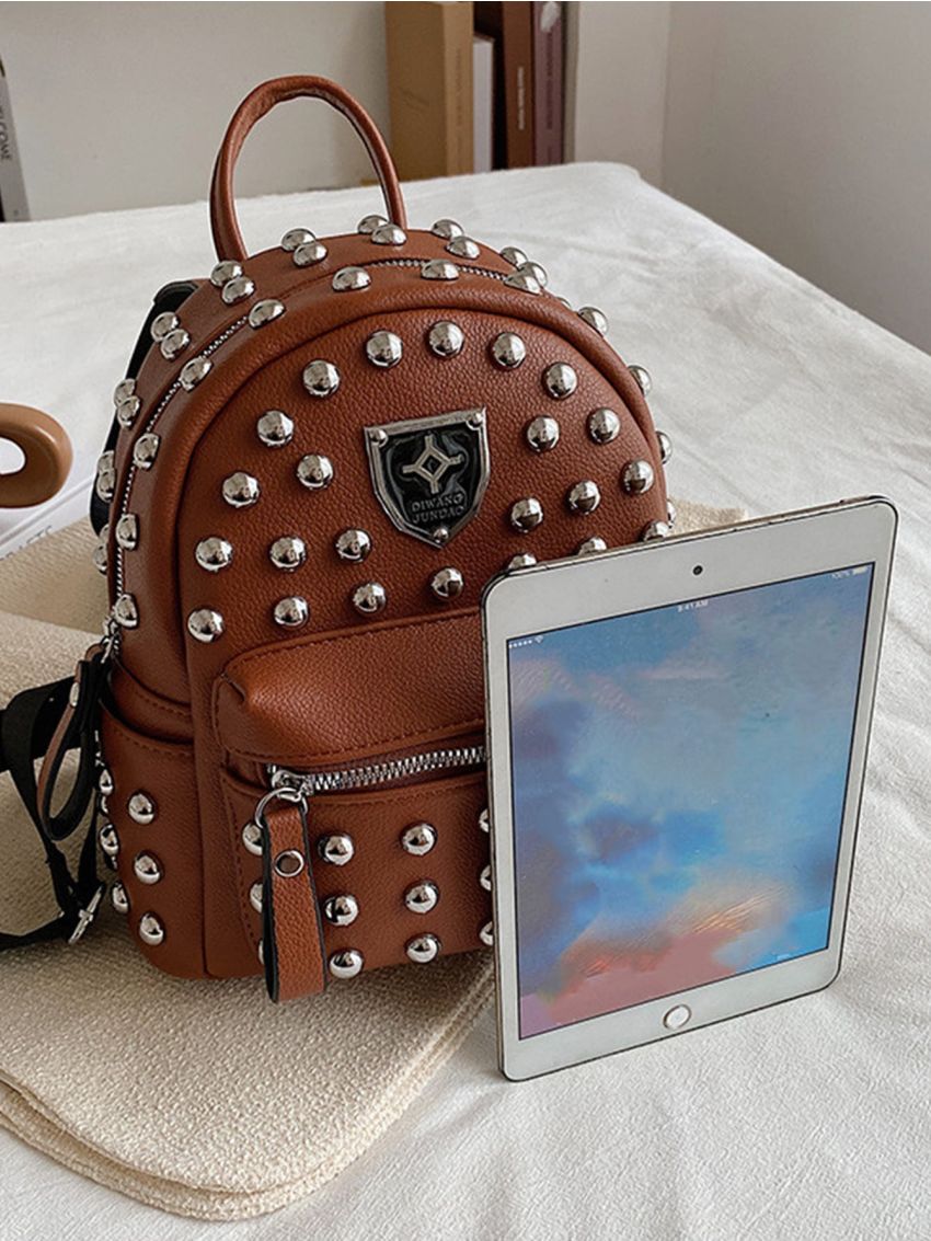 Litchi Embossed Studded Decor Functional Backpack