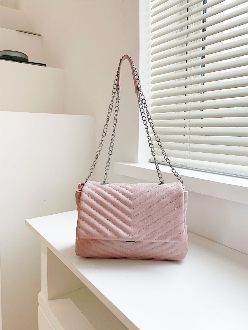 Chevron Detail Flap Chain Square Bag