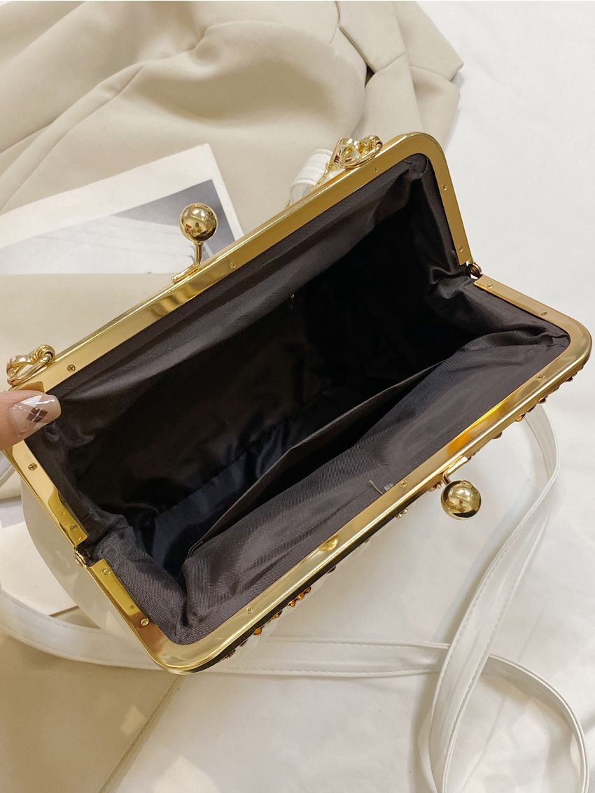 Quilted Chain & Faux Pearl Decor Kiss Lock Ruched Bag