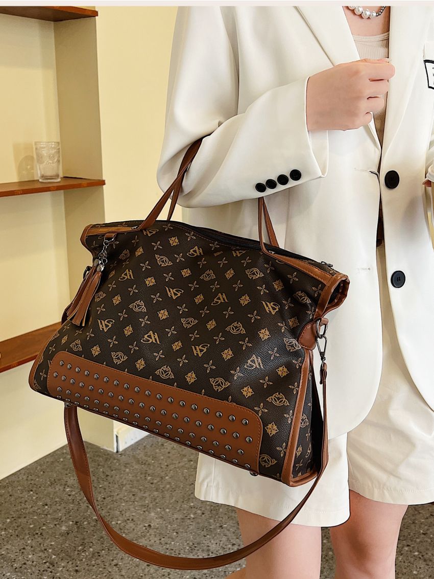 Geometric & Letter Graphic Studded Decor Large Capacity Top Handle Bag