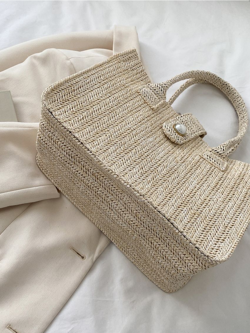 Minimalist Snap Button Straw Bag