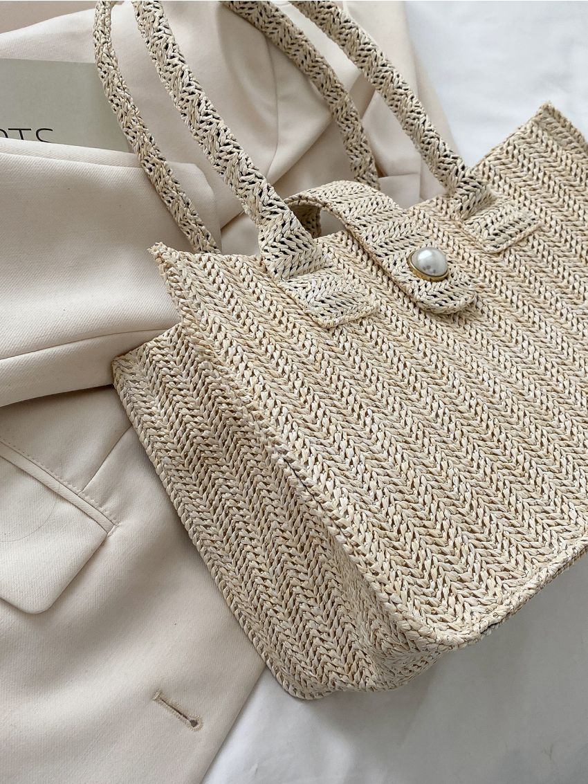 Minimalist Snap Button Straw Bag