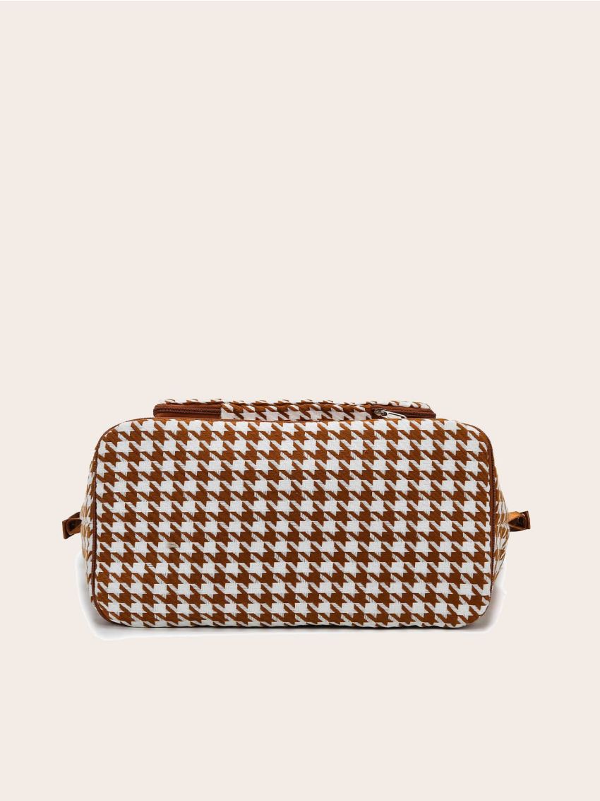 Letter Patched Detail Houndstooth Pattern Duffel Bag