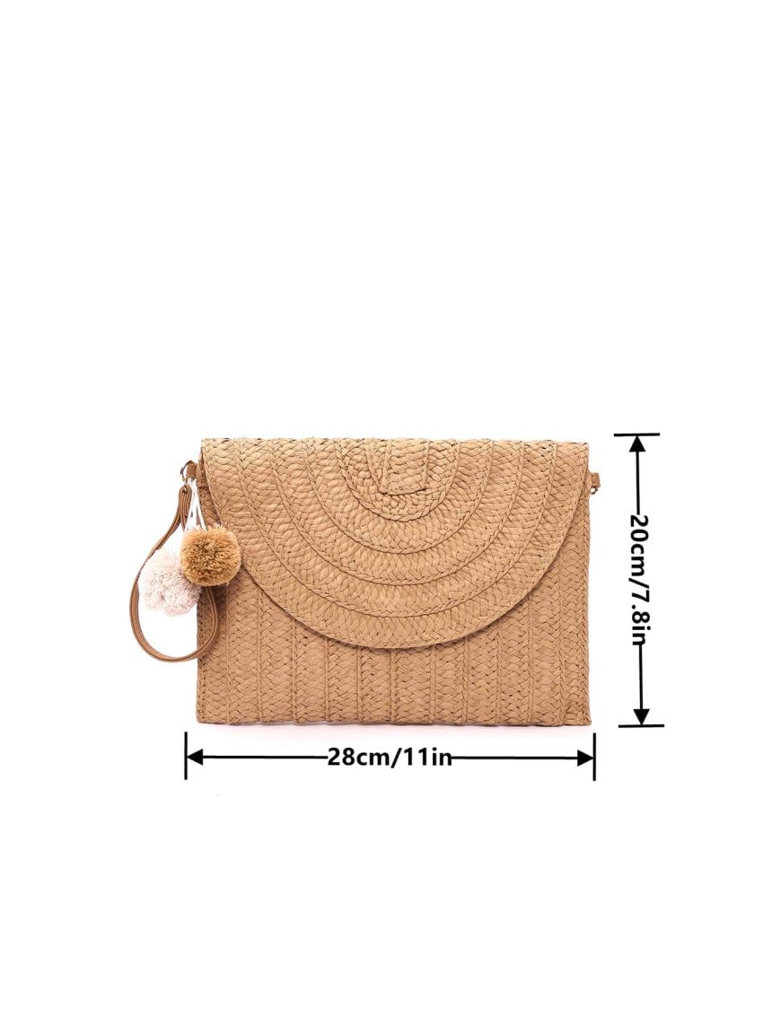 Vacation Straw Bag With Bag Charm Snap Button Flap For Summer