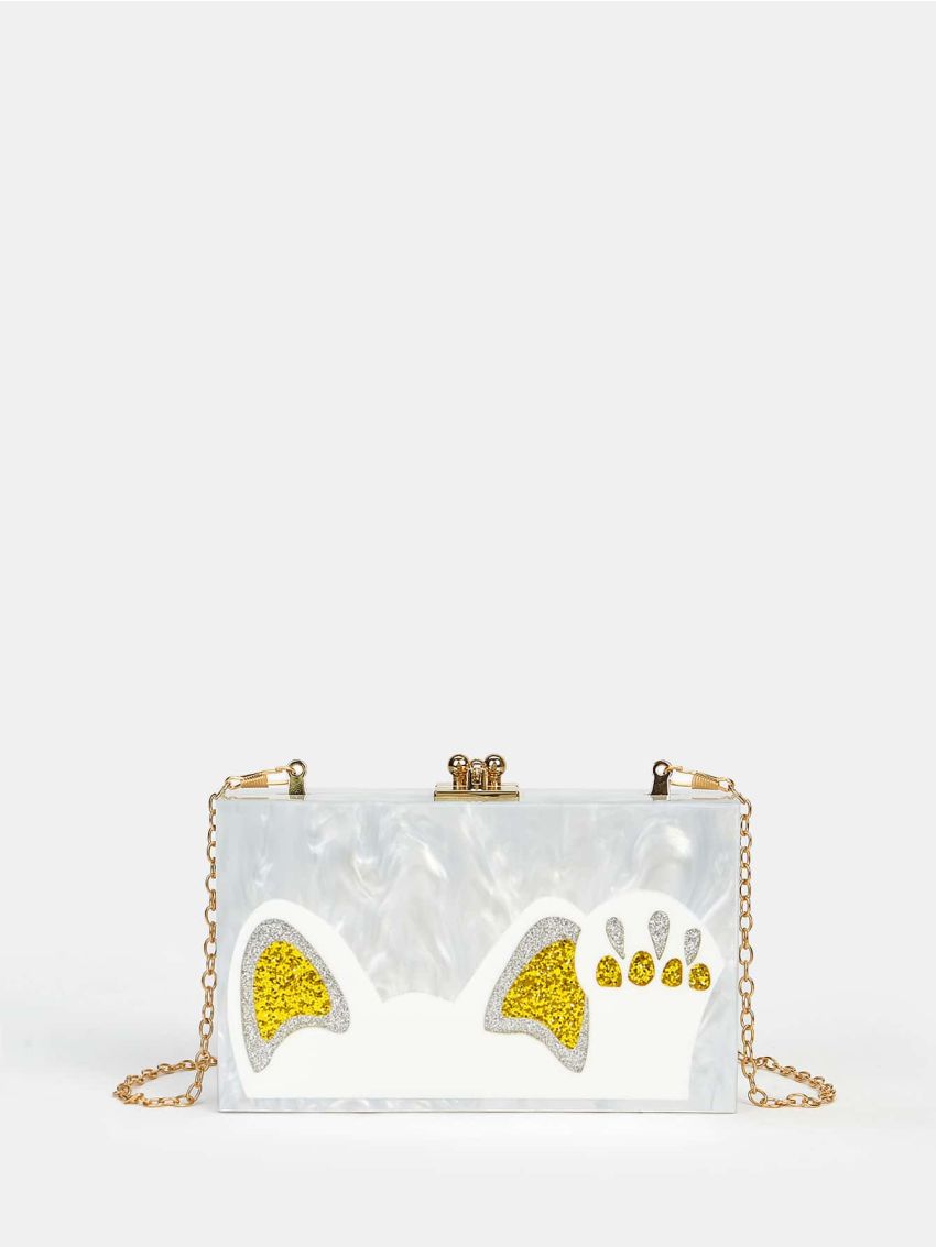 Mini Glitter Detail Cartoon Kitty Graphic Box Bag