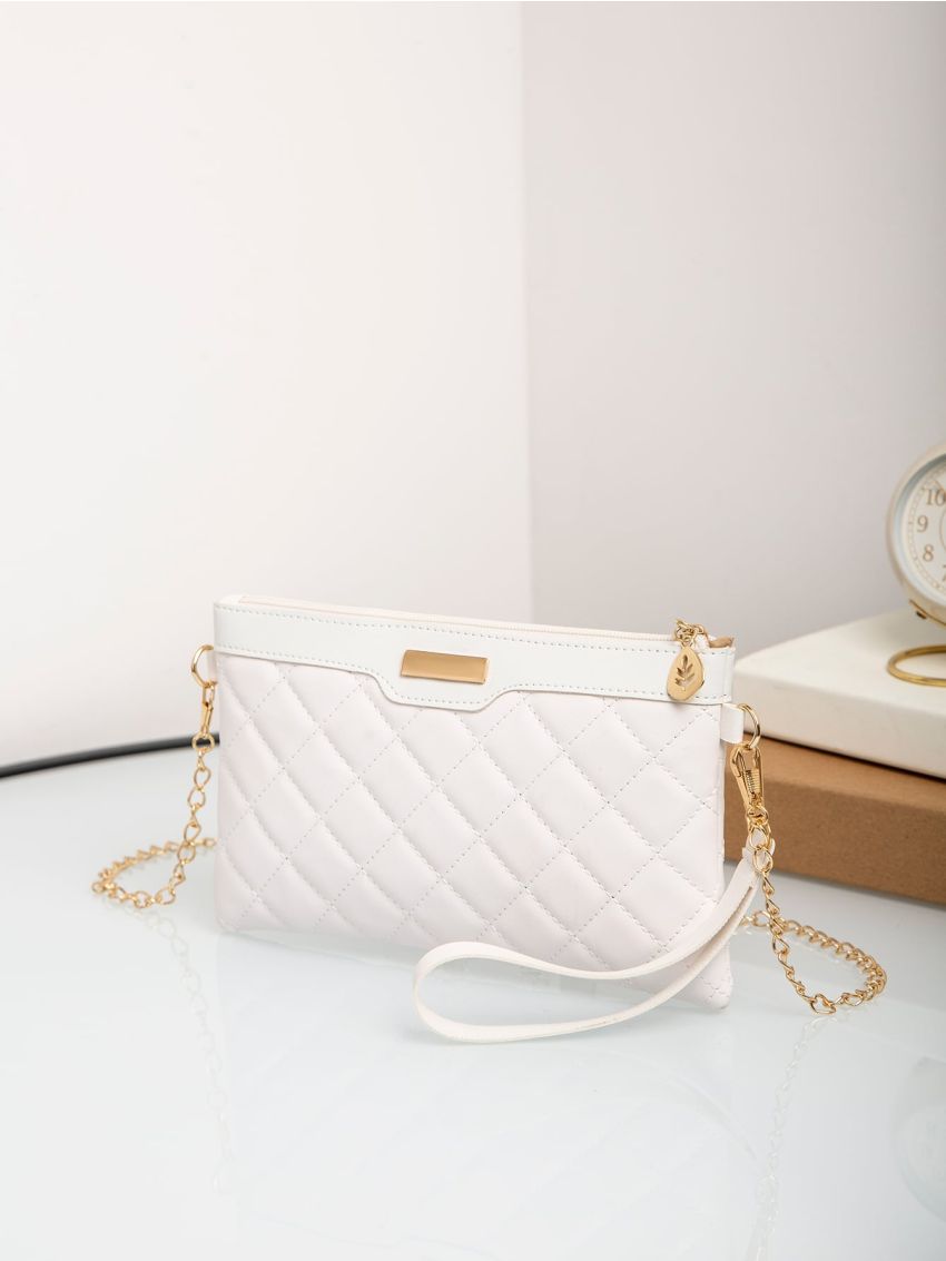 Quilted Metal Floral Decor Chain Square Bag