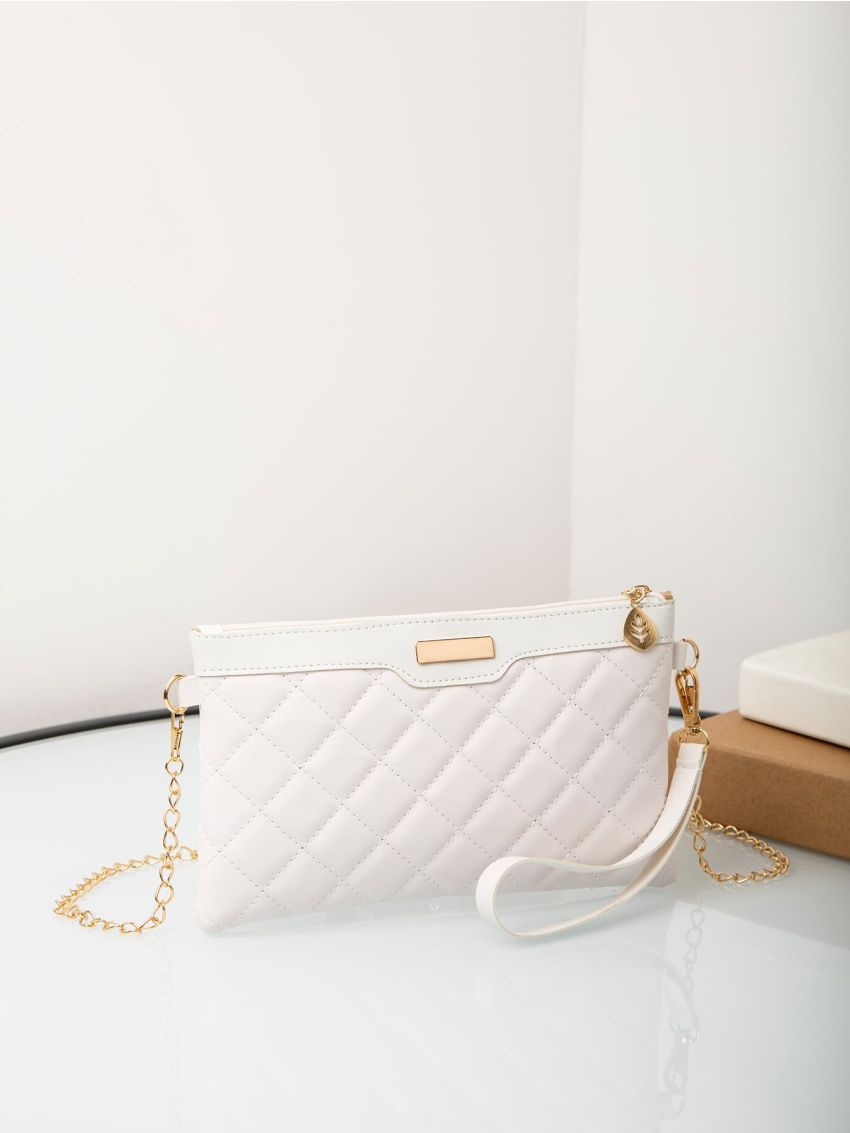 Quilted Metal Floral Decor Chain Square Bag