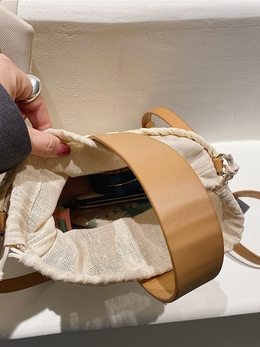 Hollow Out Drawstring Design Straw Bag