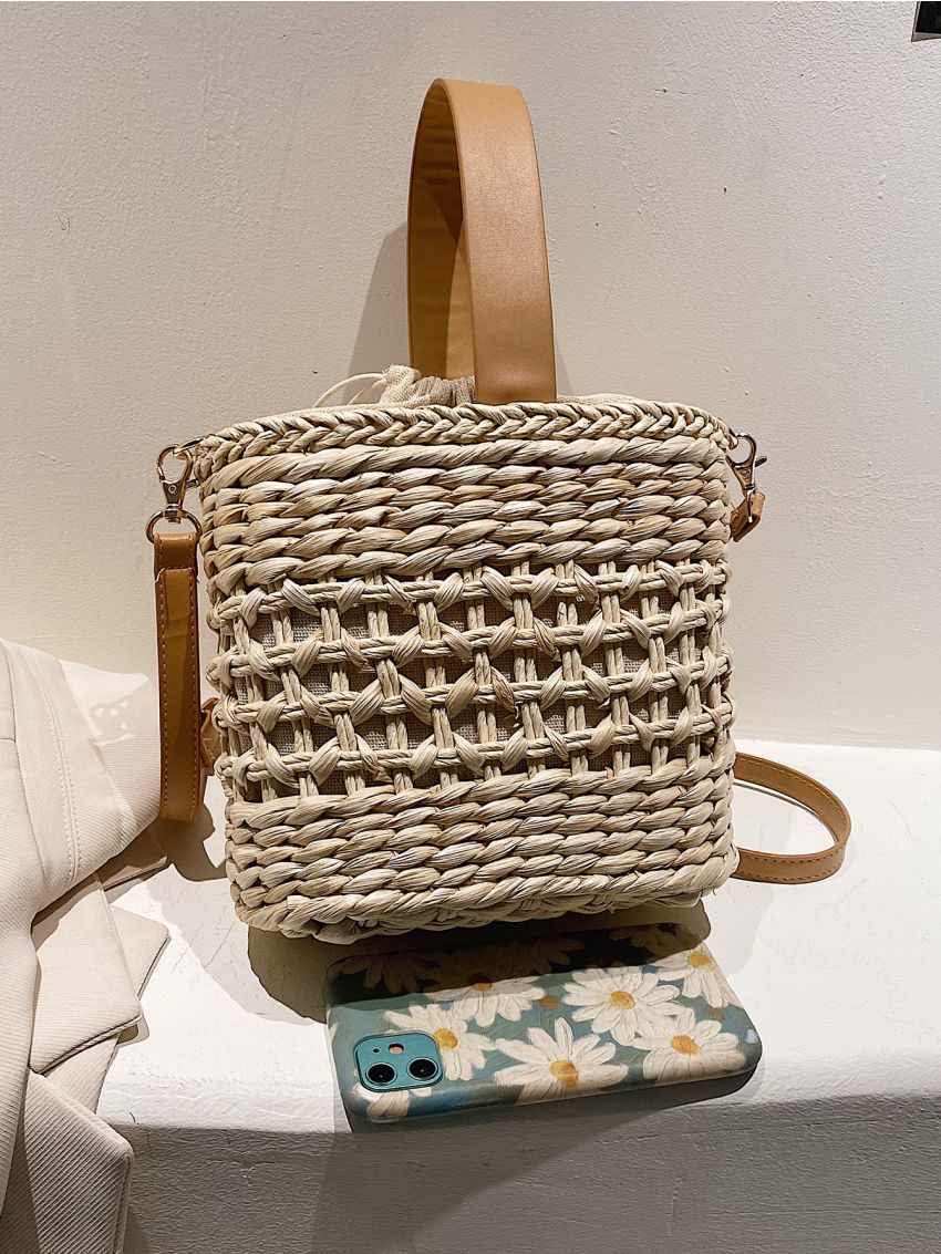 Hollow Out Drawstring Design Straw Bag